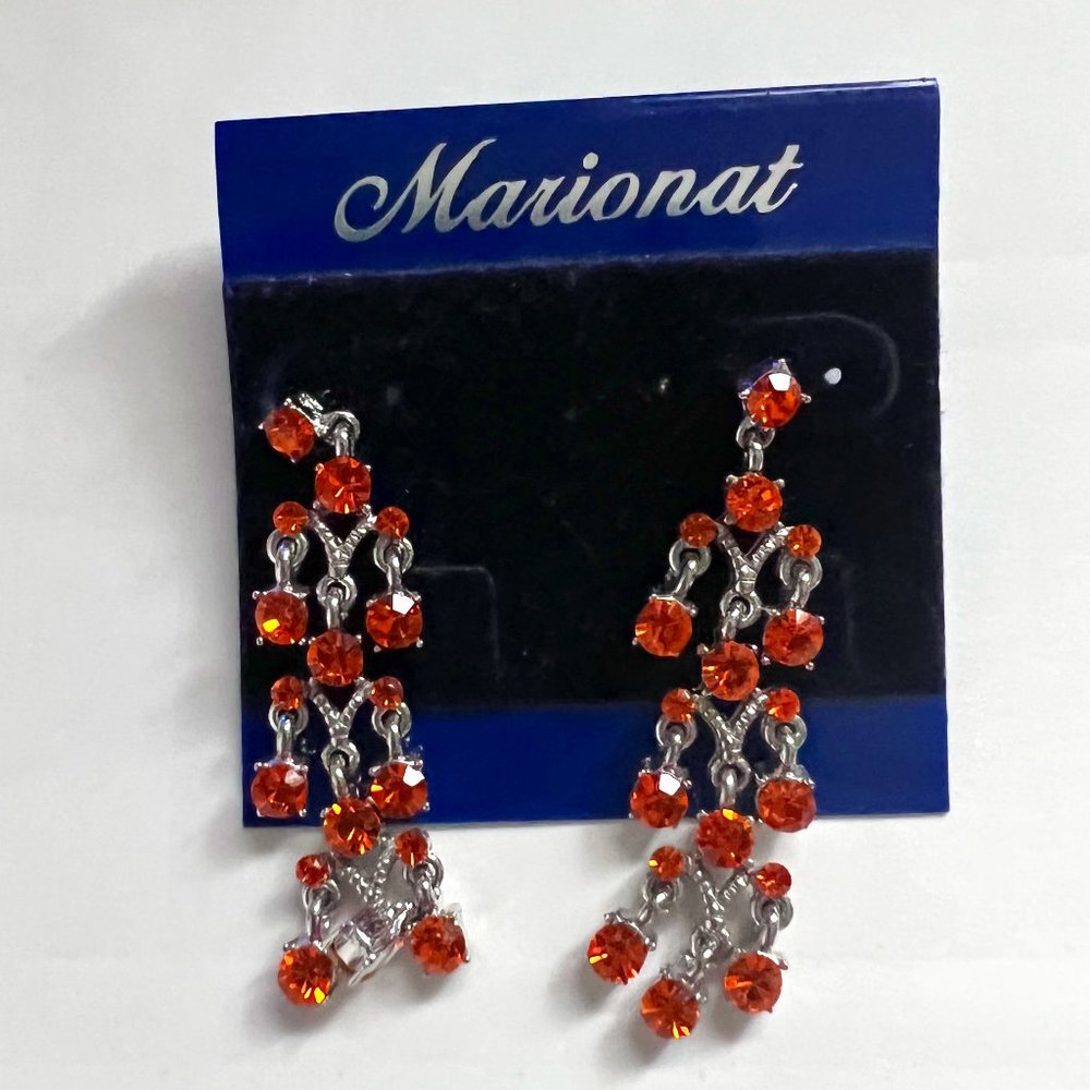 Vintage Marionat Orange Rhinestone Chandelier Pierced Earrings